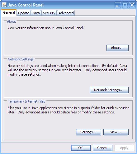 A screenshot of Java Control Panel
