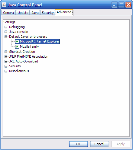 A screenshot of Java Control Panel with Advanced Tab options