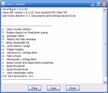 A sample screenshot of Java Console